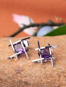 1 Pair White K-Plated Earrings With Embedded White Cubic Zirconia, Basic 3D Hoop Earrings