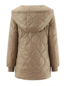 Jaqueta Acolchoada Feminina com Capuz, Tecido Tecido de Cor Sólida, Acolchoado, Adequado para Outono, Inverno, Primavera - Caqui - Visão 6