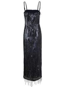 Adjustable Spaghetti Strap Sequins Tassel Fitted Maxi Slip Dress In Black With Silver Fringe - Black and White - View 11
