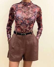 Women's Tulle Bodysuit With Slim Fit Print - 碎花棕色 - 查看 1