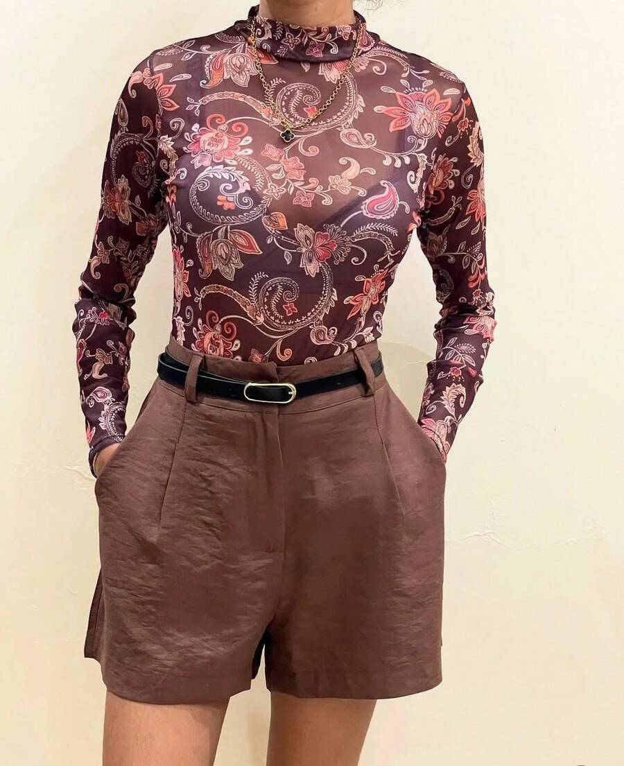 Women's Tulle Bodysuit With Slim Fit Print - 碎花棕色 - 查看 1