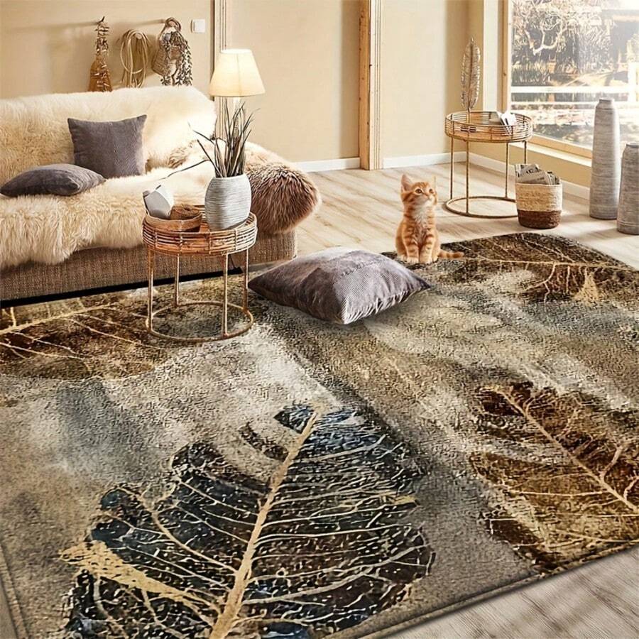 1 buc covor artistic cu frunze în nuanțe de pământ, covor artistic cu textură naturală a frunzelor, covor pentru living, covor, covor pentru living, covor mic, preș, decor pentru casă, covor pentru living mare, decor pentru cameră, covor lavabil, covor plusat, covor cu blană, covor de toamnă/iarnă, gros/pluș