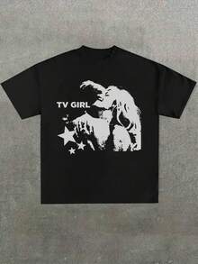 Summer Top Women Black Plus Size Tee With TV Girl Graphic, 100% Cotton Casual Round Neck Fashion Street Life Gothic T-Shirt - 黑色 - 查看 1