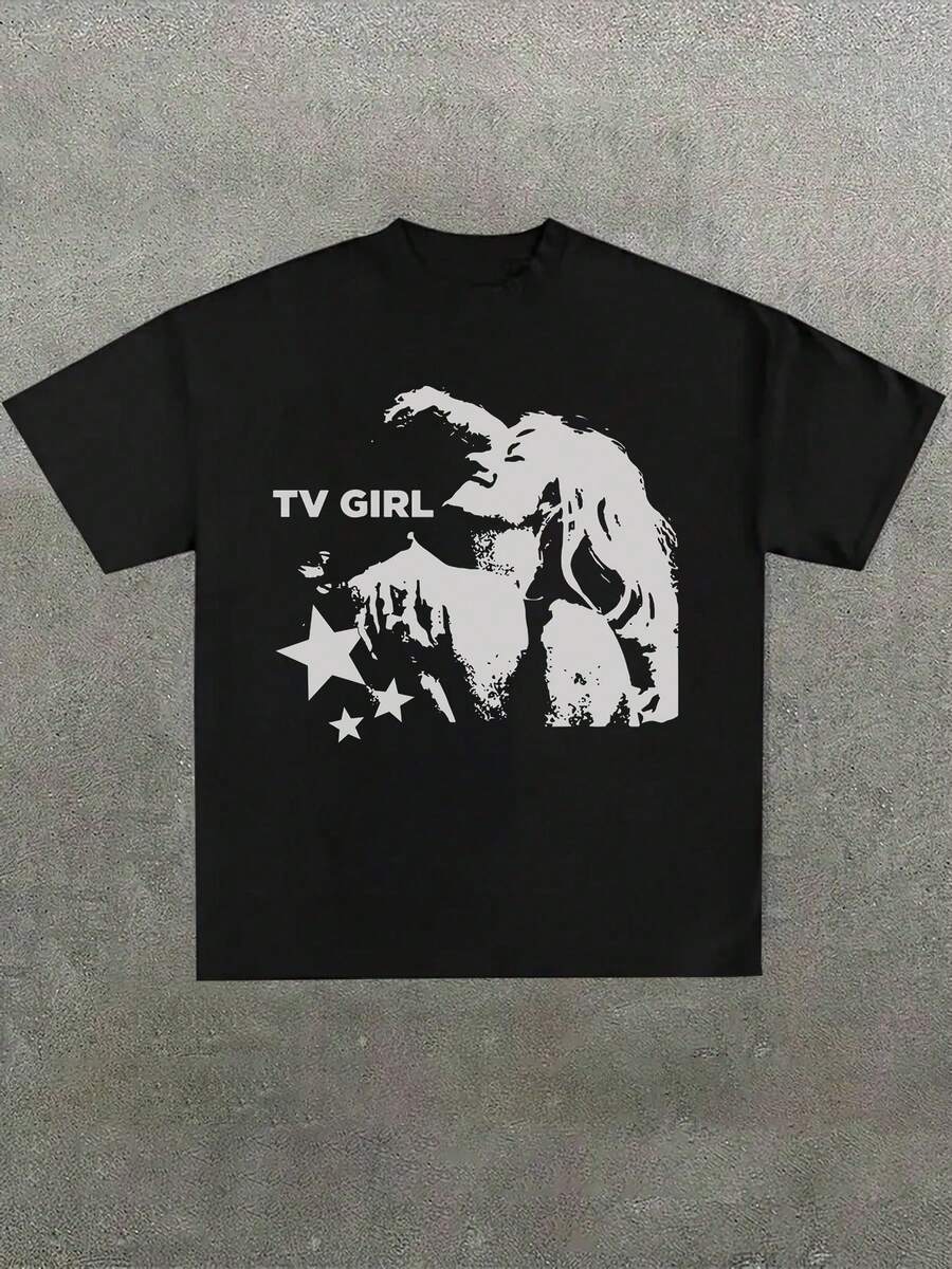 Summer Top Women Black Plus Size Tee With TV Girl Graphic, 100% Cotton Casual Round Neck Fashion Street Life Gothic T-Shirt - 黑色 - 查看 1