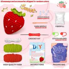 1 pieza Conjunto de crochet de fresa para principiantes, kits de postres de ganchillo con tutoriales de video paso a paso, fácil de aprender para principiantes, una actividad de bricolaje entretenida y agradable (accesorios en color aleatorio)