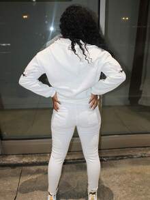 Steph T 十字印花拉链抽绳保暖内衬连帽衫，学校，长袖上衣毕业，返校服装，毕业，女士教师服装，返校 - 白色 - 查看 5