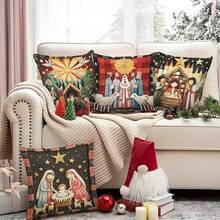 4 piezas Fundas de almohada con estampado a cuadros de búfalo del nacimiento de Jesús en estilo campestre, decoración festiva perfecta para la decoración religiosa navideña, decoración de granja, invierno, sofá, dormitorio, sala de estar y decoración del hogar