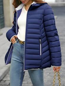 CHAMARRA OVERSIZE PARA MUJER, CHAMARRA UNISEX, CHAMARRA CAPITONADA CON CAPUCHA, CHAMARRA CON BOLSILLOS LATERALES CON CIERRE - Azul Marino - Ver 3