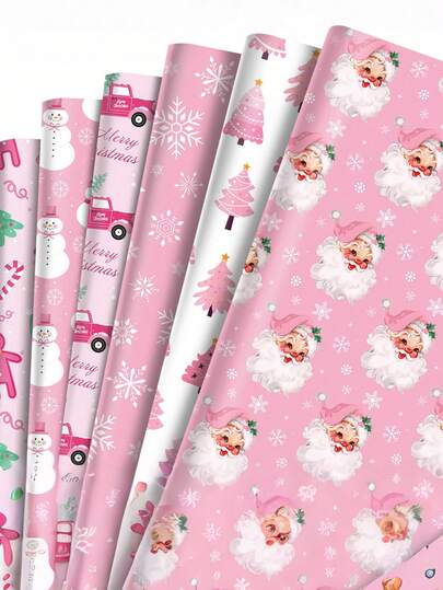 6 Sheets Pink Christmas Gift Wrapping Paper, Snowman Cartoon Pattern Design, Cute Style Holiday Gift Box Wrapping Paper, Suitable For Family Gatherings, Children's Christmas Parties, Office Party Gifting Scenarios, Made Of High-Quality Thick Paper, Easy To Cut, Fold-Resistant And Tear-Resistant, Suitable For DIY Packaging, Gift Box Wrapping,