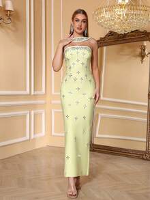 Love Aing Women's Yellow Rhinestone Scarf, Elegant Luxury Formal Evening Gown, Suitable For Formal Dinner, Business Party, Wedding Guest, Date Dress