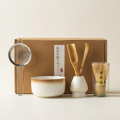 6件套抹茶茶具，日式抹茶茶具，包括抹茶搅拌器、抹茶勺、抹茶碗礼盒