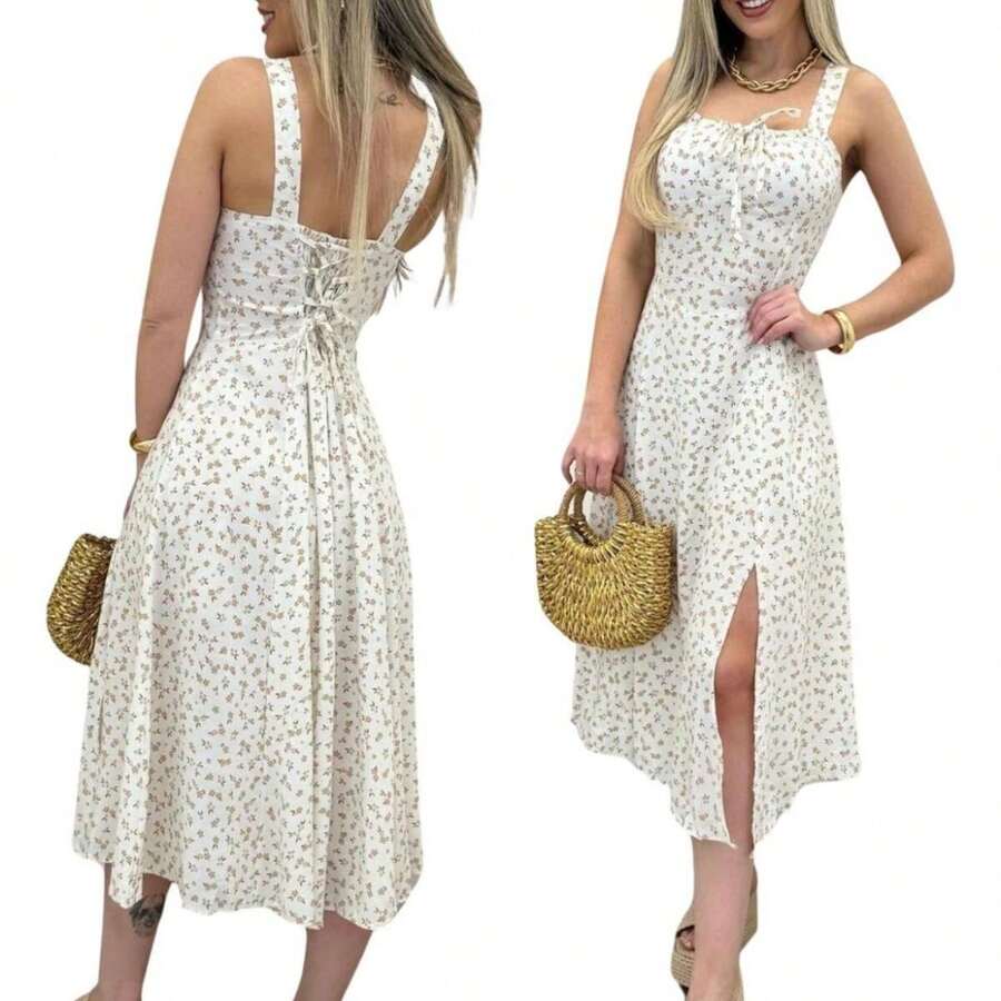 Women's Floral Midi Dress With Light Front Bow - Blanco - Ver 1