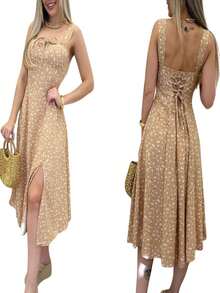 Women's Floral Midi Dress With Light Front Bow - 米色 - 查看 4