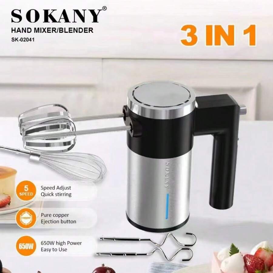 SOKANY 02041 三合一多功能手持搅拌机，650W 大功率纯铜电机，5档速度调节 + 点动功能，一键快速拆卸（3秒快速取下），3D立体散热，防止过热，垂直收纳节省空间，适用于揉面、打发、混合，是家庭和商业烘焙的理想之选。 - 查看 1