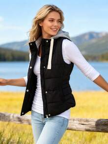 Women's Hooded Puffer Vest, Winter Warm Zip Up Quilted Jacket For Outdoor Casual Wear - màu đen - Xem 5