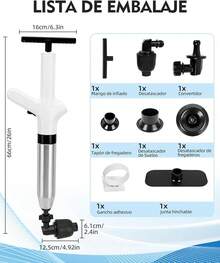 Kit de 8 Herramientas Destapacaños de inodoro, Acero Inoxidable Premium, Incluye Medidor de Presión y 4 Ventosas, Bomba Todo en, Alta Presión para Inodoro, Lavabo, Bañera y Tuberías (Blanco) - Blanco - Ver 7