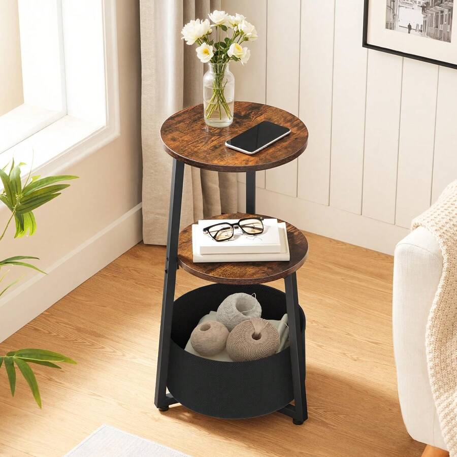 HOOBRO Compact Corner End Table With Storage Shelves: Rustic Brown 3-Tier Small Bedside Table, Also Suitable As A Round Accent Sofa Side Table For Small Spaces In Living Room And Bedroom - Brown - View 1