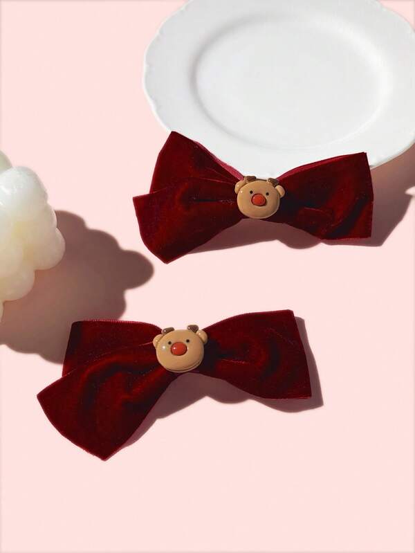 2pcs Merry Christmas Reindeer Velvet Bow Hair Clips, Children Hair Accessories For Girls