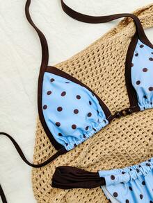 女士波尔卡圆点系带露背海滩度假比基尼套装 - 淺藍 - 查看 4