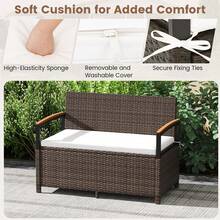 Outdoor Storage Bench W/Cushion Backrest & Acacia Wood Armrests Hidden Storage - Mix Brown - View 4