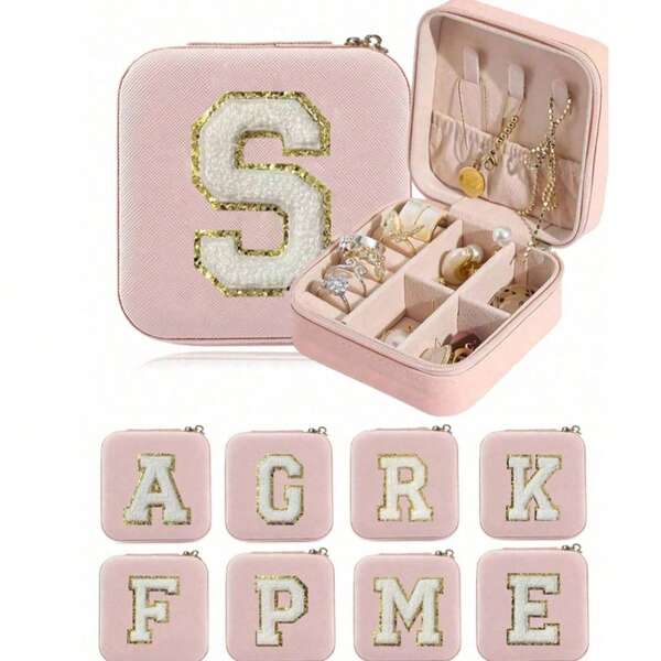 Organizador de joias de viagem, porta-joias com iniciais, letras personalizáveis, organizador de joias multifuncional, organização e armazenamento de joias, porta-joias compacto, organizador de maquiagem, organizador de esmaltes, itens essenciais para viagem, itens essenciais para cruzeiro, itens essenciais para viagem