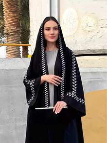 1pc Elegant Embroidered Cuff Simple & Dignified Hijab + Open Abaya, Arabic Embroidered Long Robe Fashion Outerwear Abaya, Suitable For Women's Daily Wear, All Season - 彩色 - 查看 2