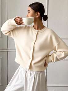 Livesso Drop Shoulder Fluffy Knit Button Front Cardigan,Long Sleeve Tops,Fall Clothes Jacket - Beige - View 4
