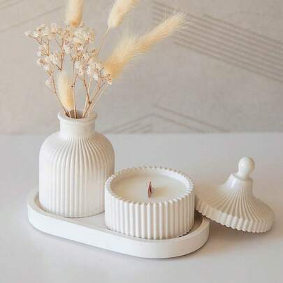 Set de 3 moldes de silicona, kit de manualidades versátil para portavelas, bandejas ovaladas y jarrones/macetas rayados, adecuado para resina epoxi, concreto, yeso - excelente para decoración del hogar y exhibición de joyas