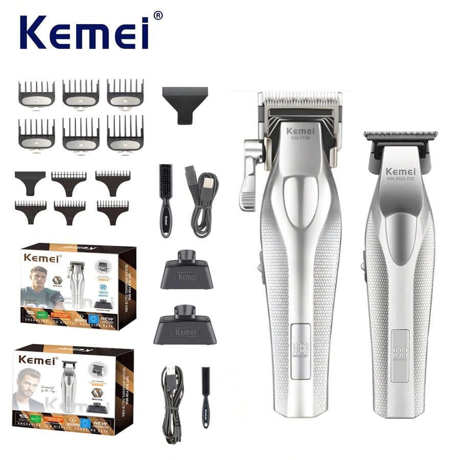 Kemei 科美新款高级电动理发器和修剪器组合套装 | 二合一无线设计，配备 Type-C 快速充电 | 锋利亲肤的自磨刀片，配有 4 个导梳 | 居家理发和送礼的理想之选 - 銀色 - 查看 1