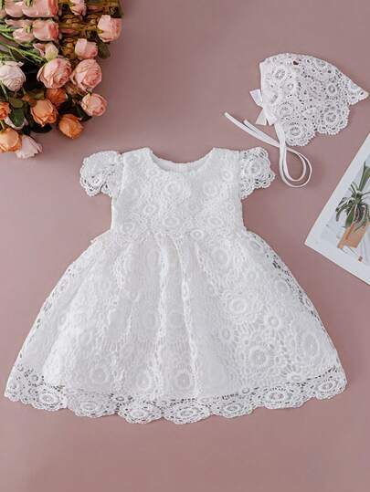 婴儿/女婴0-2岁白色洗礼礼服，蕾丝薄纱派对礼服