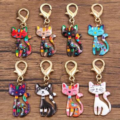 8 Classic Cat Keychain Set, 8-In-1 Zinc Alloy Key Ring, Creative Cartoon Animal Pendant, Suitable For Handbags, Car Keys, Backpack Accessories, Ideal Daily And Party Back-To-School Gift