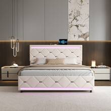 LIVLUX Bett 160 x 200 cm mit LED- und USB-Rahmen, gepolstertes Doppelbett mit 4 Schubladen, Stauraum und verstellbarem Kopfteil, geeignet für Erwachsene und Jugendliche (Weiß, 140 x 200 cm)