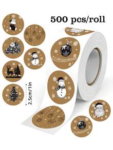 500 buc/rolă bandă autoadezivă din hârtie kraft pentru Crăciun, 10 modele de desene animate, inclusiv reni, oameni de zăpadă, Moș Crăciun, șosete, brad de Crăciun, potrivită pentru Crăciun, Anul Nou, petreceri de iarnă, împachetare cadouri, scrapbooking, decorațiuni DIY, artă colaj, rolă de autocolante din PVC