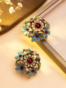 1 par de pendientes de botón vintage con esmalte rojo & azul, flores y perlas, estilo de la corte europea, pendientes florales con gemas, diseño de nicho, pendientes vintage con racimo de flores, crea fácilmente una atmósfera vintage elegante - Multicolor - Ver 8