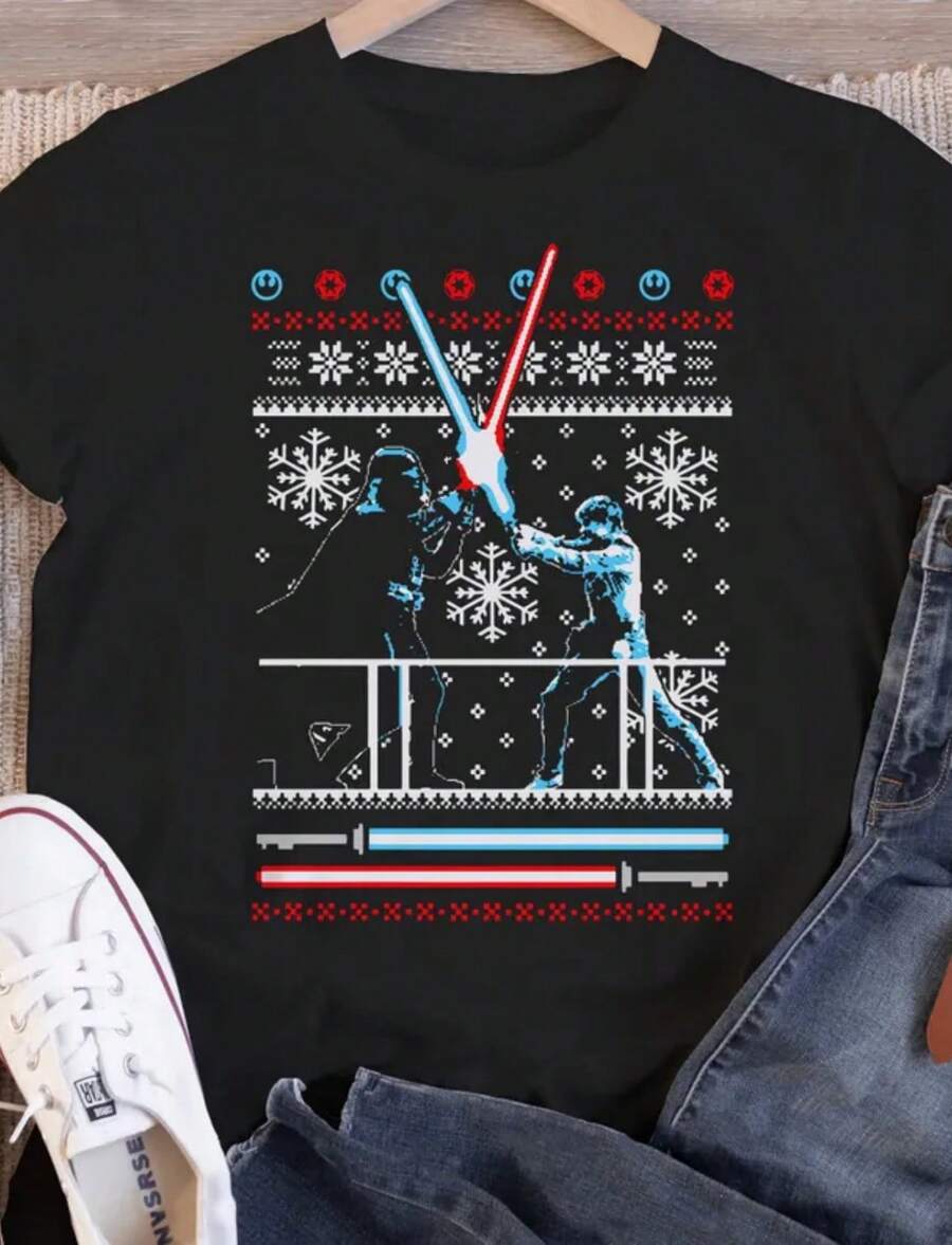 Star Wars  Luke Scene Duel Ugly Christmas T-Shirt, Funny  Star Wars Xmas Tee, Galaxy's Edge Trip, Disneyland Family Gift - 黑色 - 查看 1
