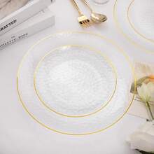 50/25/10pcs Transparent Gold Rim Hammered Texture Plates, Hammered Party Plates, Transparent Dessert Plates, Transparent Gold 7.5"/10.25" Plates, Heavy Duty Gold Dinner Plates Dessert Plates, Suitable For Team Building, Party, Birthday, Wedding, New Year, Christmas - Clear - View 8
