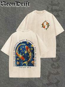 Men's T-Shirt, Double-Sided Printing Men's Retro Distressed T-Shirt, Pure Cotton Material, Ideal Gift For Halloween, Thanksgiving And Christmas, Unisex Style Men's Koi Fish T-Shirt With Deep Water Artwork Japanese Inspired Design Relaxed Fit Casual Wear For Nature Lovers Zen Style Streetwear Fashion  Graphic Tee - 杏色 - 查看 1