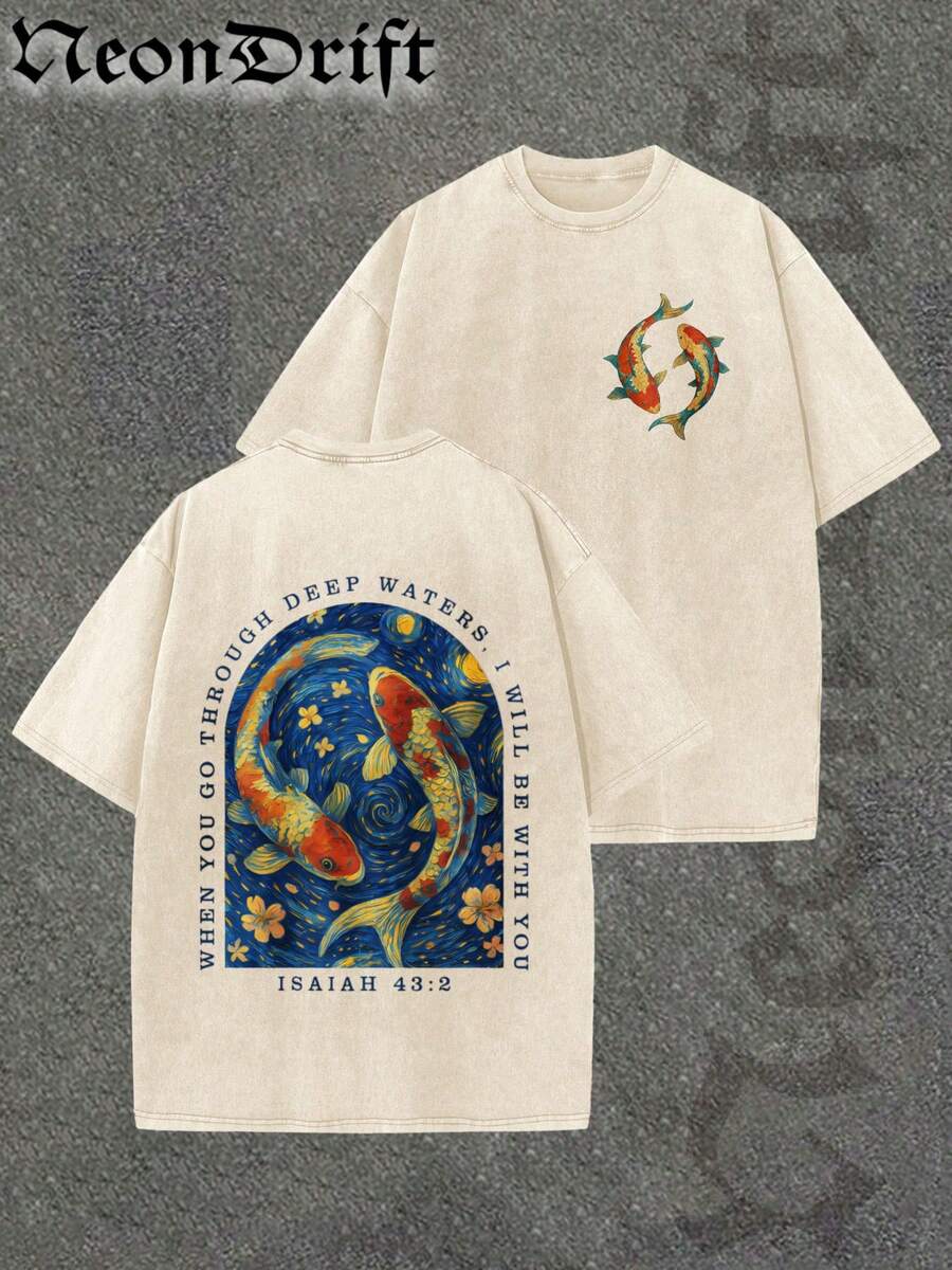 Men's T-Shirt, Double-Sided Printing Men's Retro Distressed T-Shirt, Pure Cotton Material, Ideal Gift For Halloween, Thanksgiving And Christmas, Unisex Style Men's Koi Fish T-Shirt With Deep Water Artwork Japanese Inspired Design Relaxed Fit Casual Wear For Nature Lovers Zen Style Streetwear Fashion Graphic Tee - 杏色 - 查看 1