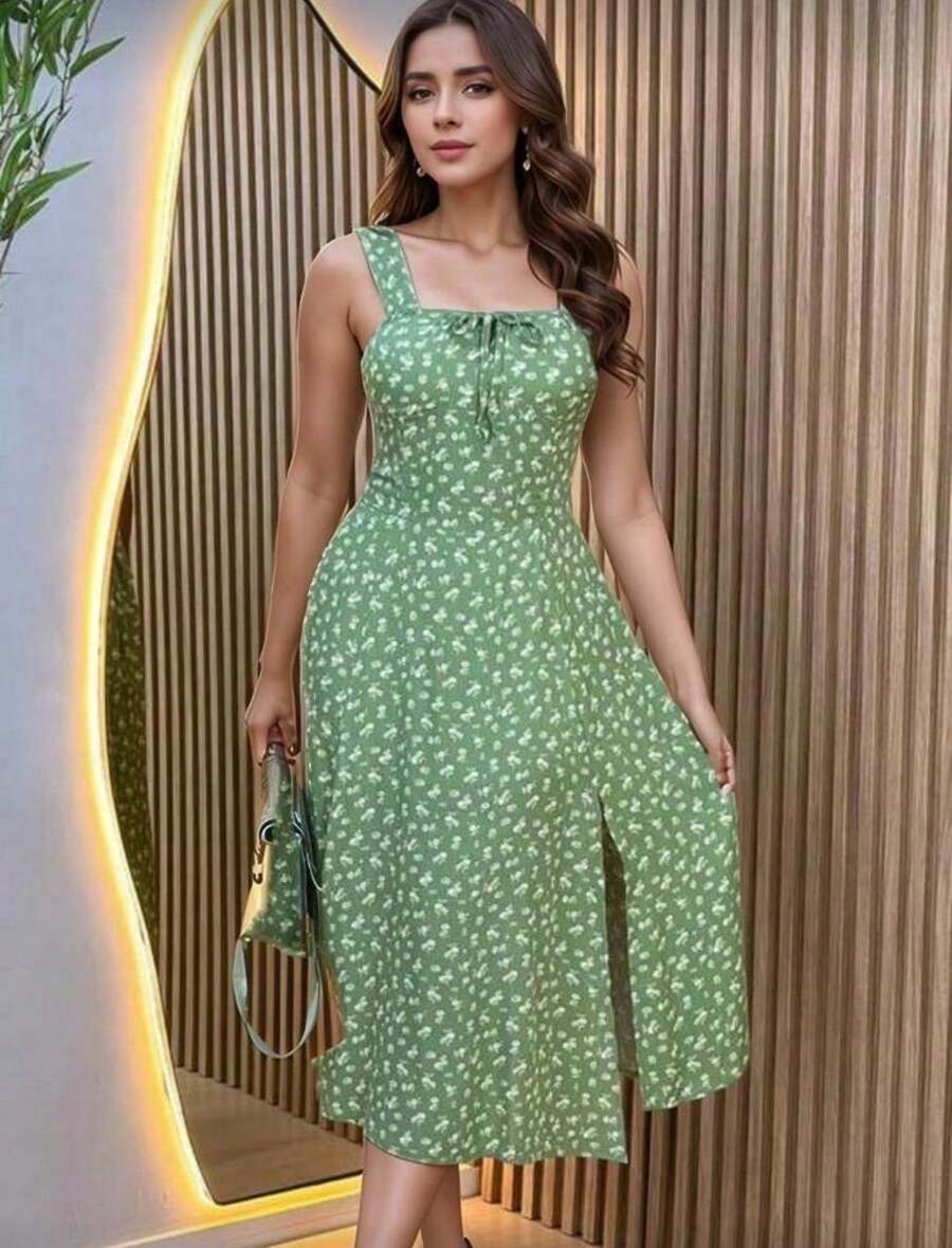 Women's Floral Midi Dress With Light Front Bow - Green - View 1