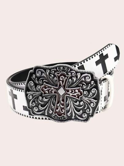 1pc Men's White European & American Street Hip Hop Cross Print Belt, Medieval Carved Cross Texture Buckle Decor, Versatile For S, Casual Pants, Suitable For Daily Life, Hip Hop Boys' Accessory, Street, Party Old Money Vintage Autumn/Fall Urban Outfit Classic Christmas Winter Fashion Daily Men Boyfriend Gift