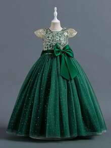 Girls Sequin Embroidered Bodice Tulle Ball Gown Dress With Glitter Skirt Short Sleeves And Big Bow Back Princess Flower Girl Dress For Wedding Birthday Pageant Formal Occasion - 墨綠色 - 查看 2