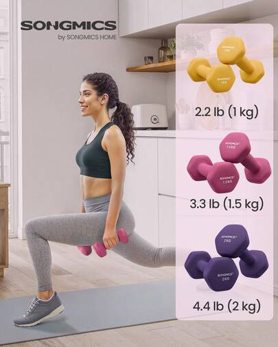 SONGMICS Hex Dumbbells Set With Stand, 2 X 1 Kg, 2 X 1.5 Kg, 2 X 2 Kg, Hand Weights With Neoprene Matte Finish, For Home Exercise