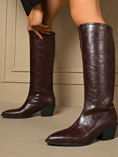 Women's Brown Pointed Toe Chunky Heel Tall Boots, Vintage Style Slimming Long Boots, Autumn/Winter Fashion Versatile Riding Boots, Western Style For Holidays