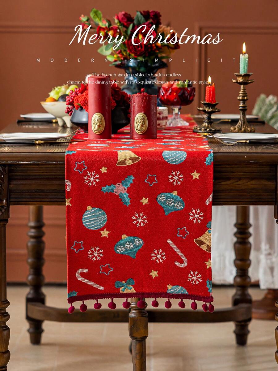 1 Stück roter Weihnachts-Tischläufer mit Schneeflocken- und Glockenmuster, Weihnachtsparty Tischdekoration mit Bommel-Bordüre, geeignet für Weihnachts-Feiertagsparty Tischdekoration Zuhause - Rot - Übersicht 1