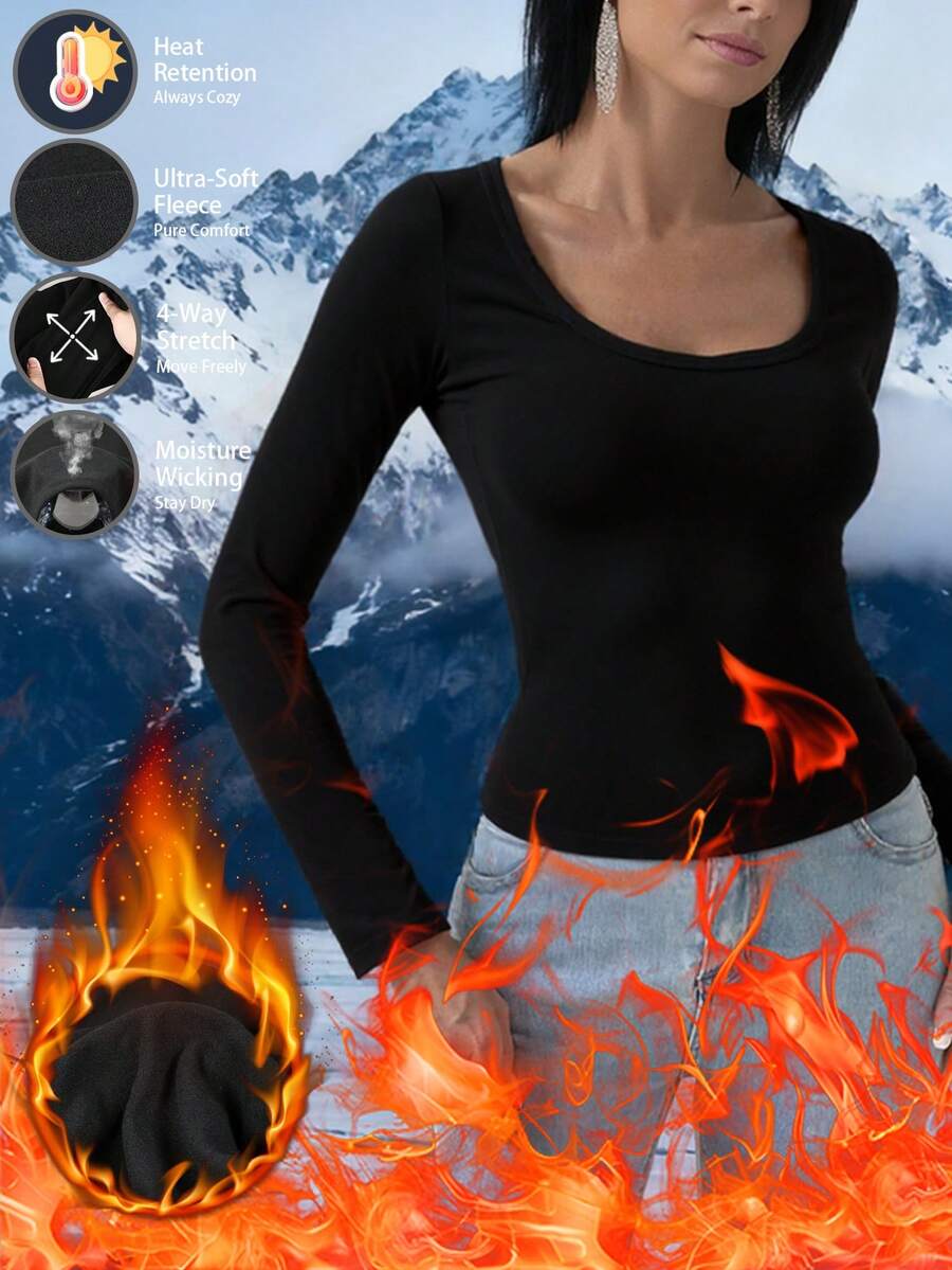 女士冬季长袖上衣保暖内衣打底衫压缩衣秋季保暖服圆领修身高弹力女士打底衫透视上衣休闲纯色冬季 - 黑色 - 查看 1