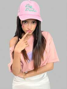 DareSee 1pc Women's Outdoor Embroidered "Day Drinkin" Adjustable Drawstring Mesh Baseball Cap, Suitable For Valentines Day, Spring/Autumn Travel, Versatile Sun Protection Hat, Y2K Style Cap Valentines Music Fest Y2KFest Back To School Autumn Winter Gifts