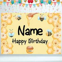 1 szt. personalizowany baner urodzinowy z imieniem, dekoracja tła, motyw pszczół i kwiatów, nadaje się do użytku wewnątrz i na zewnątrz