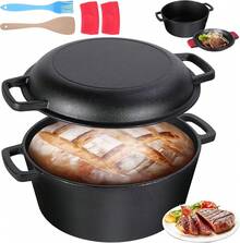 Olla Holandesa de Hierro Fundido, Sartén 2 en 1 con Tapa, Olla Holandesa de 5L con Asa, Adecuada para Hornear, Freír, Asar, Acampar y Varias Estufas (26x21cm) - Negro-B - Ver 13