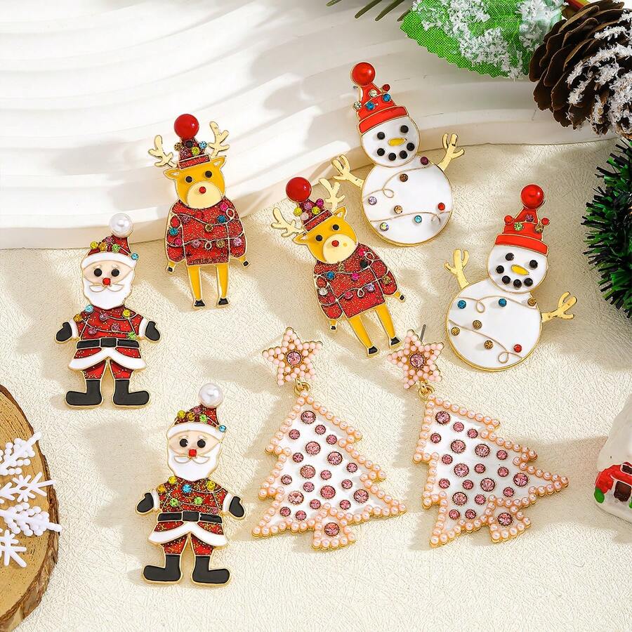 2 piezas de Elegantes pendientes de aleación con estilo navideño, Papá Noel, reno, muñeco de nieve, árbol de Navidad con diamantes de imitación, adecuados para que las damas los usen como regalos el día de Navidad. (Hecho a mano, con ligeras variaciones en los diamantes)