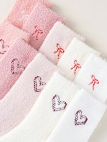 1/5 pares aleatorios de calcetines gruesos de invierno de peluche de visón para niños, serie rosa y blanca con diseño de corazón y lazo, calcetines cálidos hasta el tobillo
